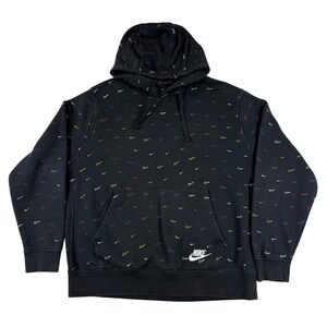 Y2K Nike All Over Print Swoosh Logo Hoodie Black Pullover Sweatshirt Mens Fits M